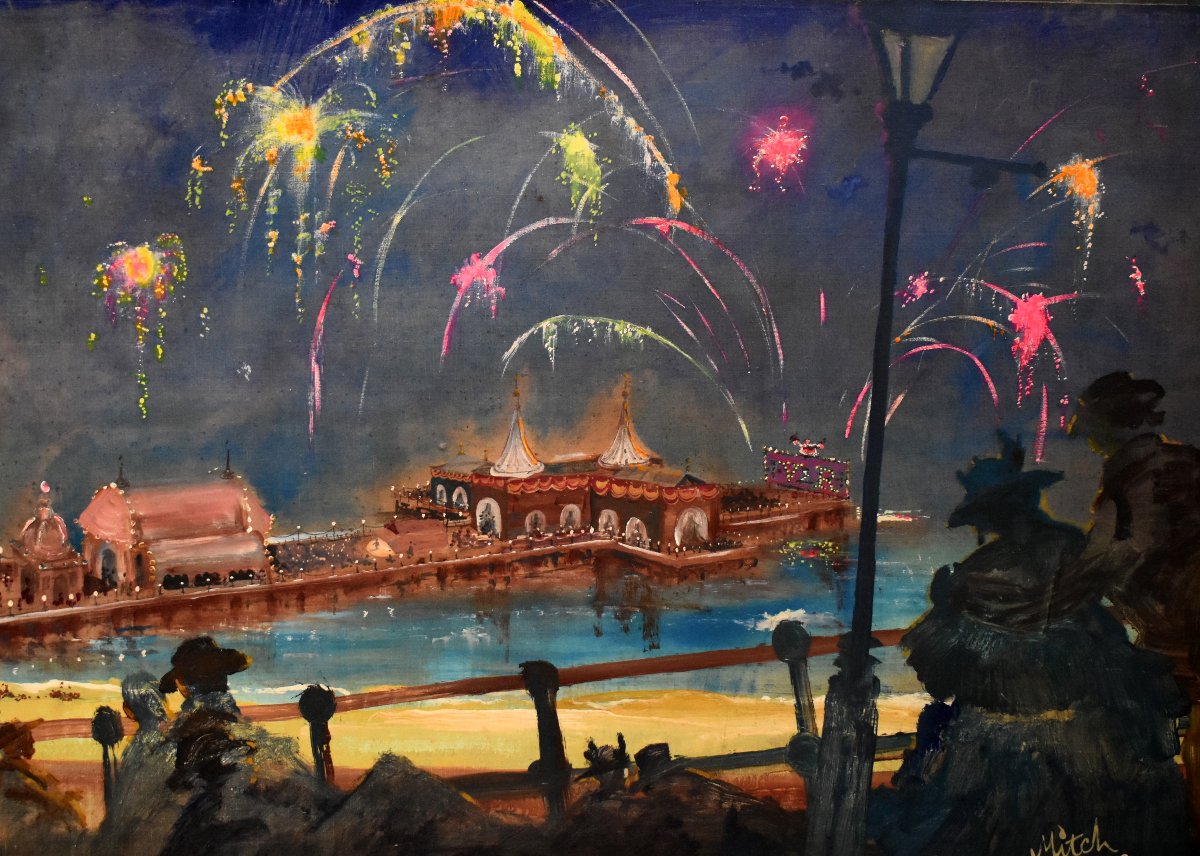 Très Important tableau,  feu d'artifice sur la jetée de Brighton  , fresque  signée  Mitch -photo-4