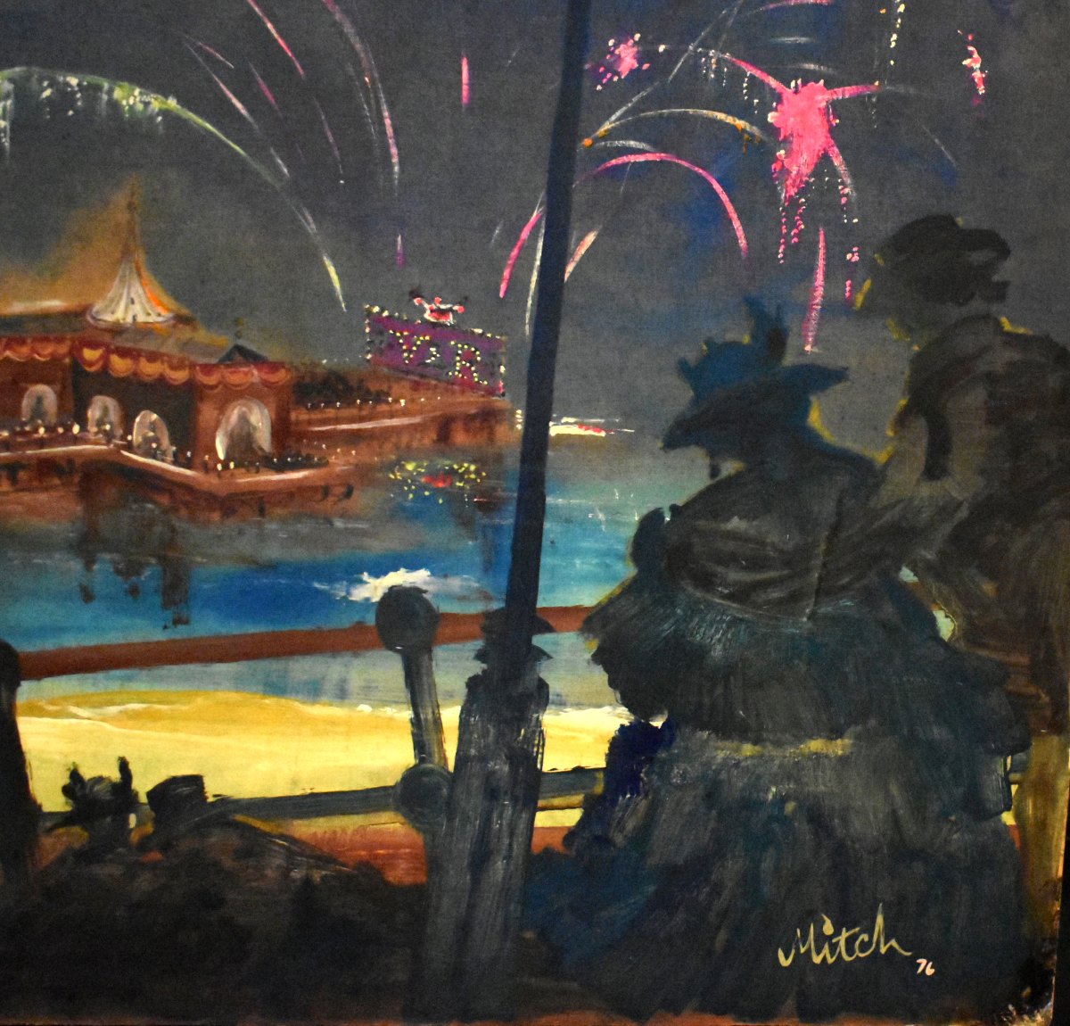 Très Important tableau,  feu d'artifice sur la jetée de Brighton  , fresque  signée  Mitch -photo-5