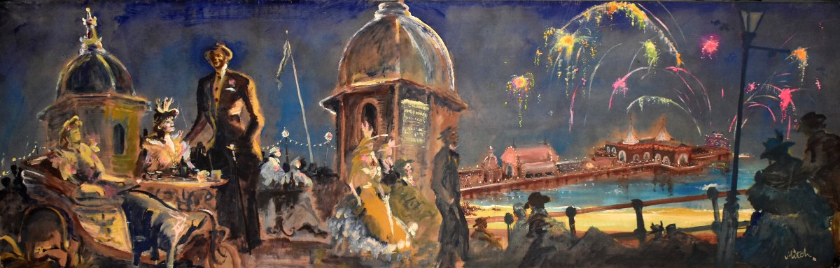Très Important tableau,  feu d'artifice sur la jetée de Brighton  , fresque  signée  Mitch 