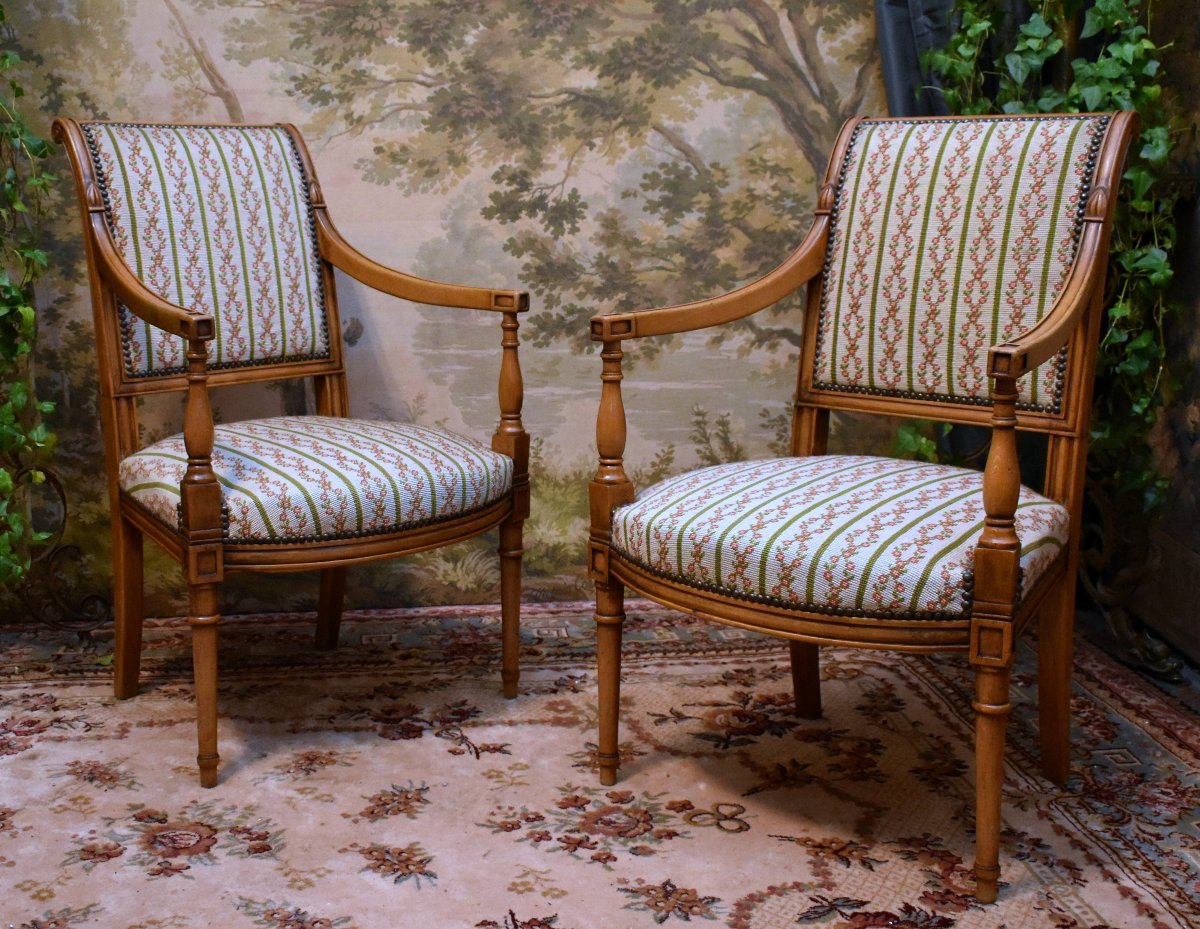 Paire De Fauteuils De Style Directoire, Sièges à Garniture Tapisserie Aux Petits Points, -photo-2