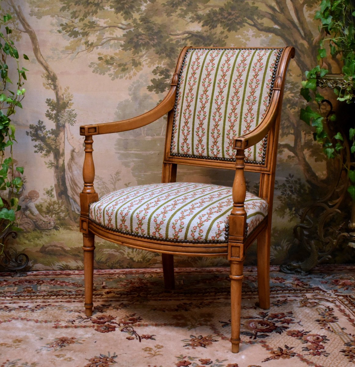 Paire De Fauteuils De Style Directoire, Sièges à Garniture Tapisserie Aux Petits Points, -photo-1