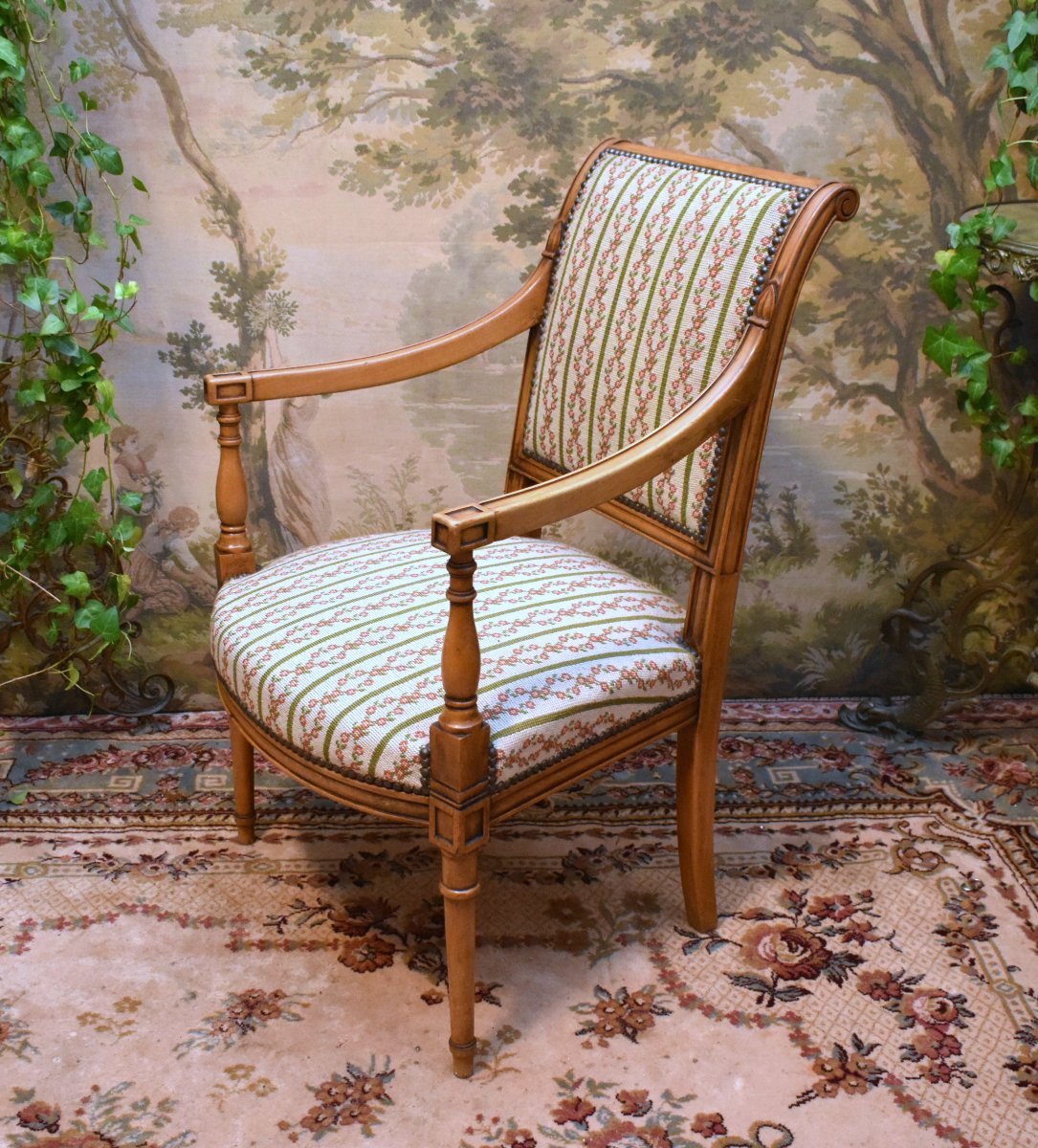 Paire De Fauteuils De Style Directoire, Sièges à Garniture Tapisserie Aux Petits Points, -photo-2