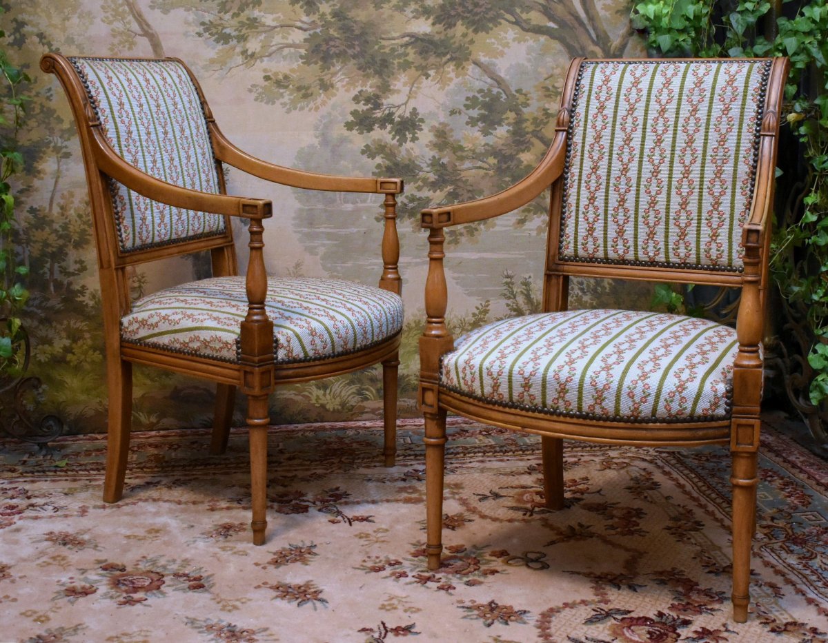 Paire De Fauteuils De Style Directoire, Sièges à Garniture Tapisserie Aux Petits Points, 