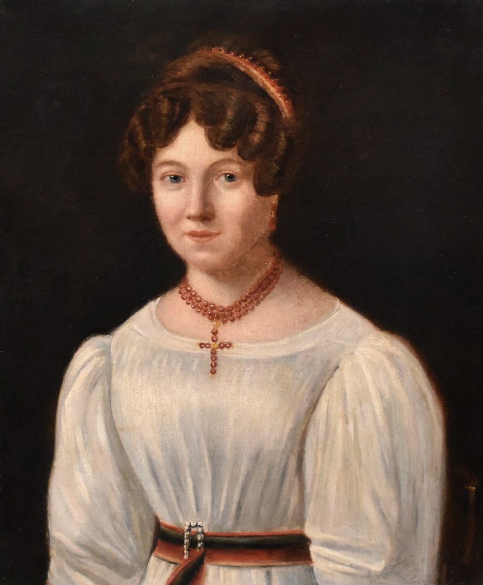 Portrait  Jeune Femme, Elégante Jeune Fille  à La Robe Blanche, Tableau Ecole Française Du XIXe-photo-4