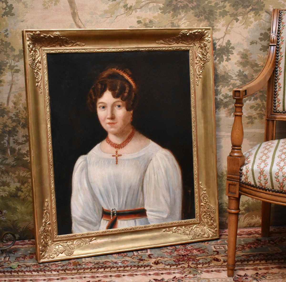 Portrait  Jeune Femme, Elégante Jeune Fille  à La Robe Blanche, Tableau Ecole Française Du XIXe-photo-2