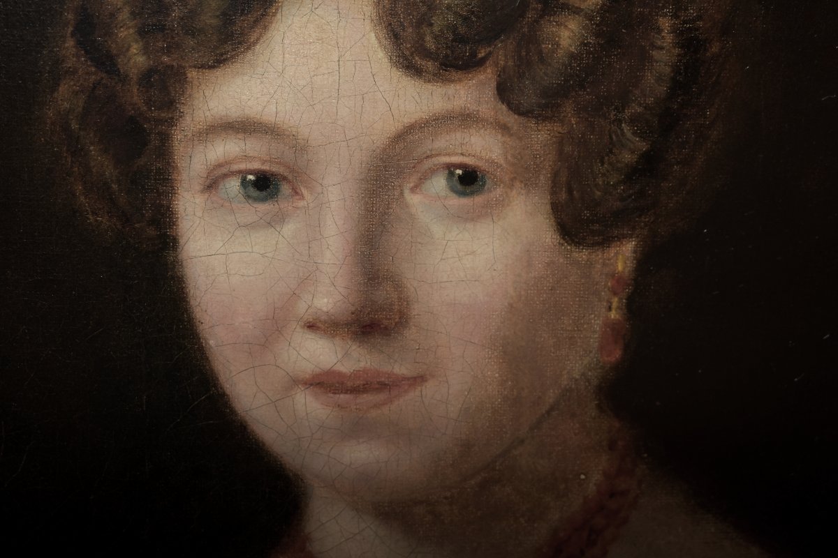 Portrait  Jeune Femme, Elégante Jeune Fille  à La Robe Blanche, Tableau Ecole Française Du XIXe-photo-2