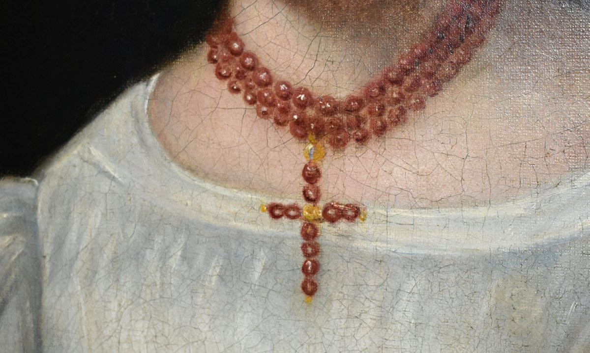 Portrait  Jeune Femme, Elégante Jeune Fille  à La Robe Blanche, Tableau Ecole Française Du XIXe-photo-4