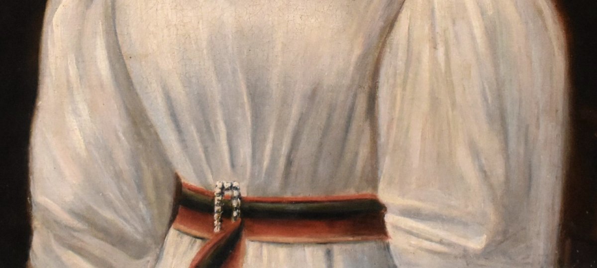 Portrait  Jeune Femme, Elégante Jeune Fille  à La Robe Blanche, Tableau Ecole Française Du XIXe-photo-5