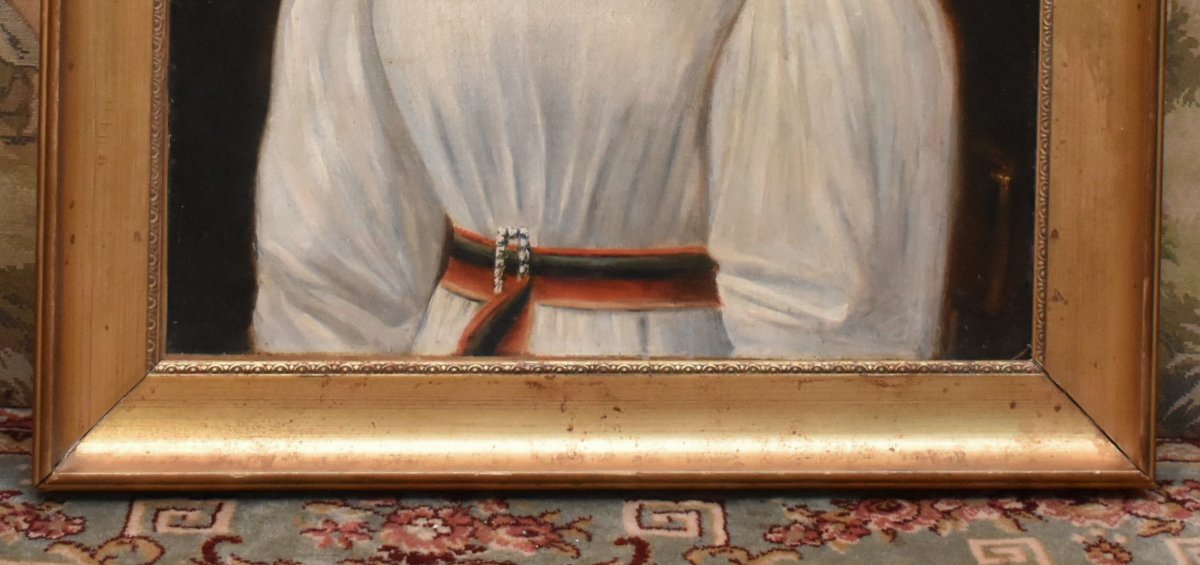 Portrait  Jeune Femme, Elégante Jeune Fille  à La Robe Blanche, Tableau Ecole Française Du XIXe-photo-6