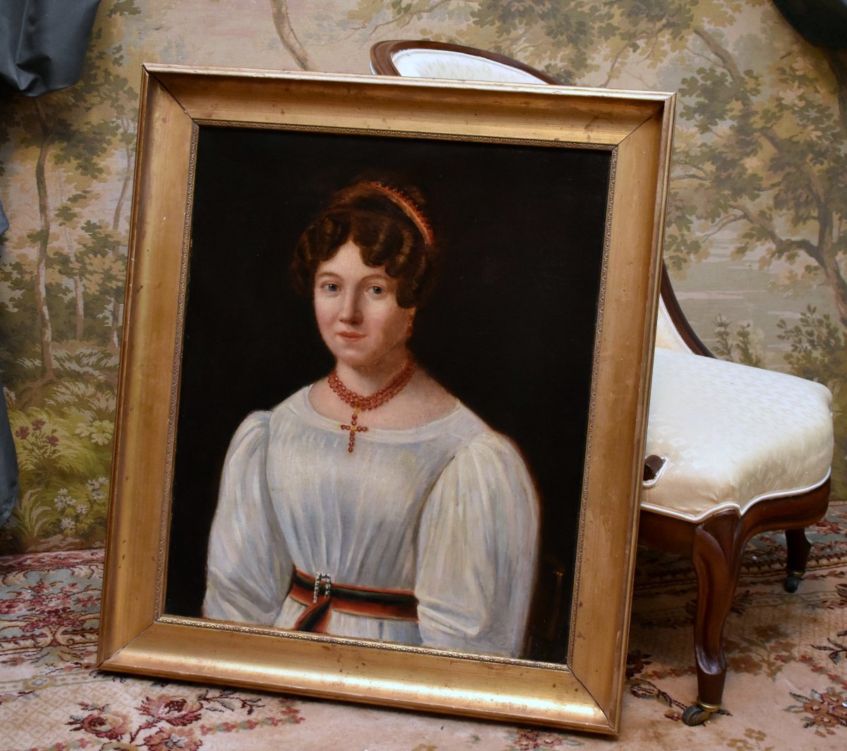 Portrait  Jeune Femme, Elégante Jeune Fille  à La Robe Blanche, Tableau Ecole Française Du XIXe