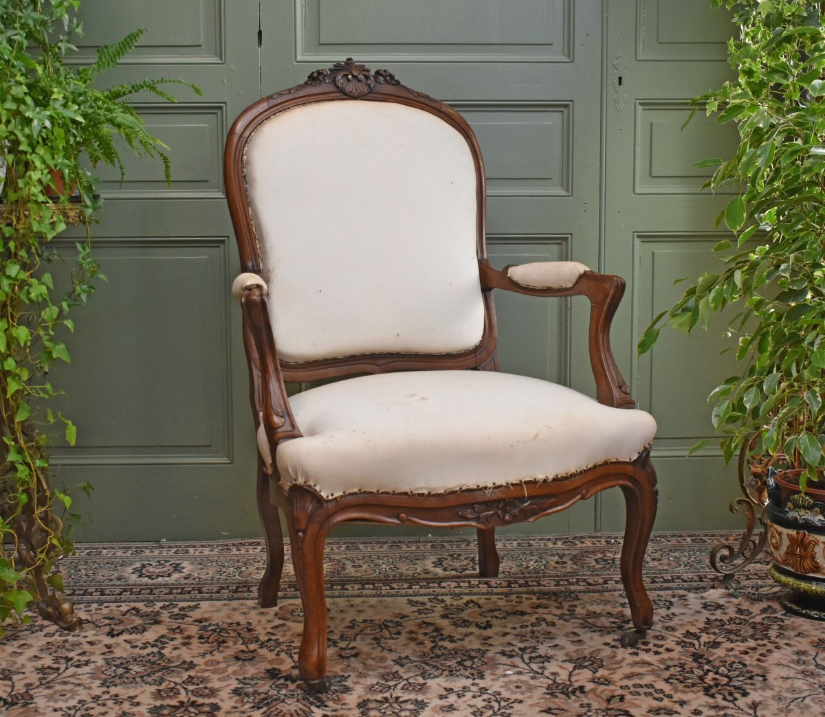 Large Louis XV-style Armchair In Walnut, With A Flat “à La Reine” Backrest, 19th Century