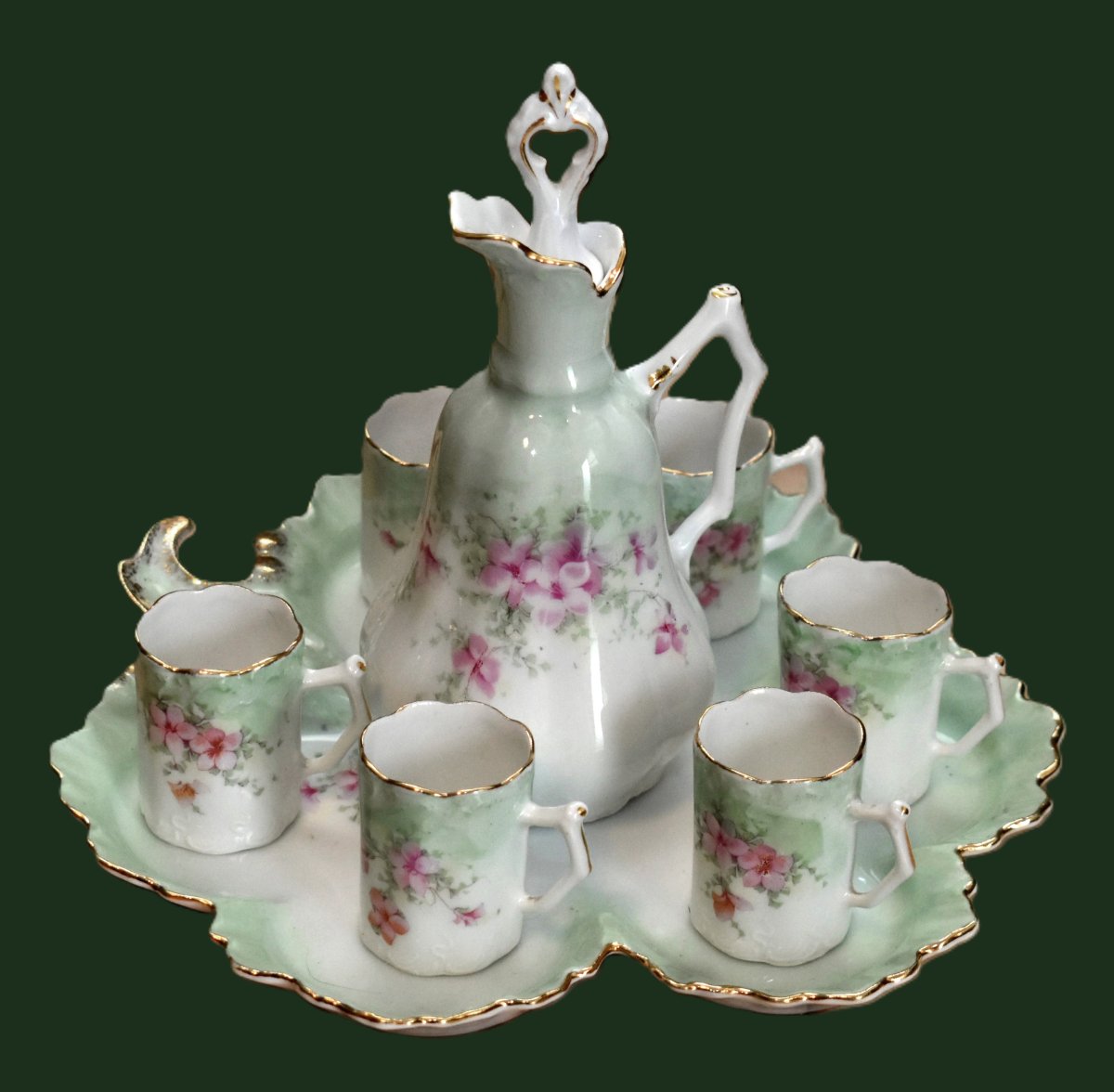 Limoges Porcelain Liqueur Set With Floral Design, Including 6 Glasses, 1 Decanter, And 1 Tray-photo-3