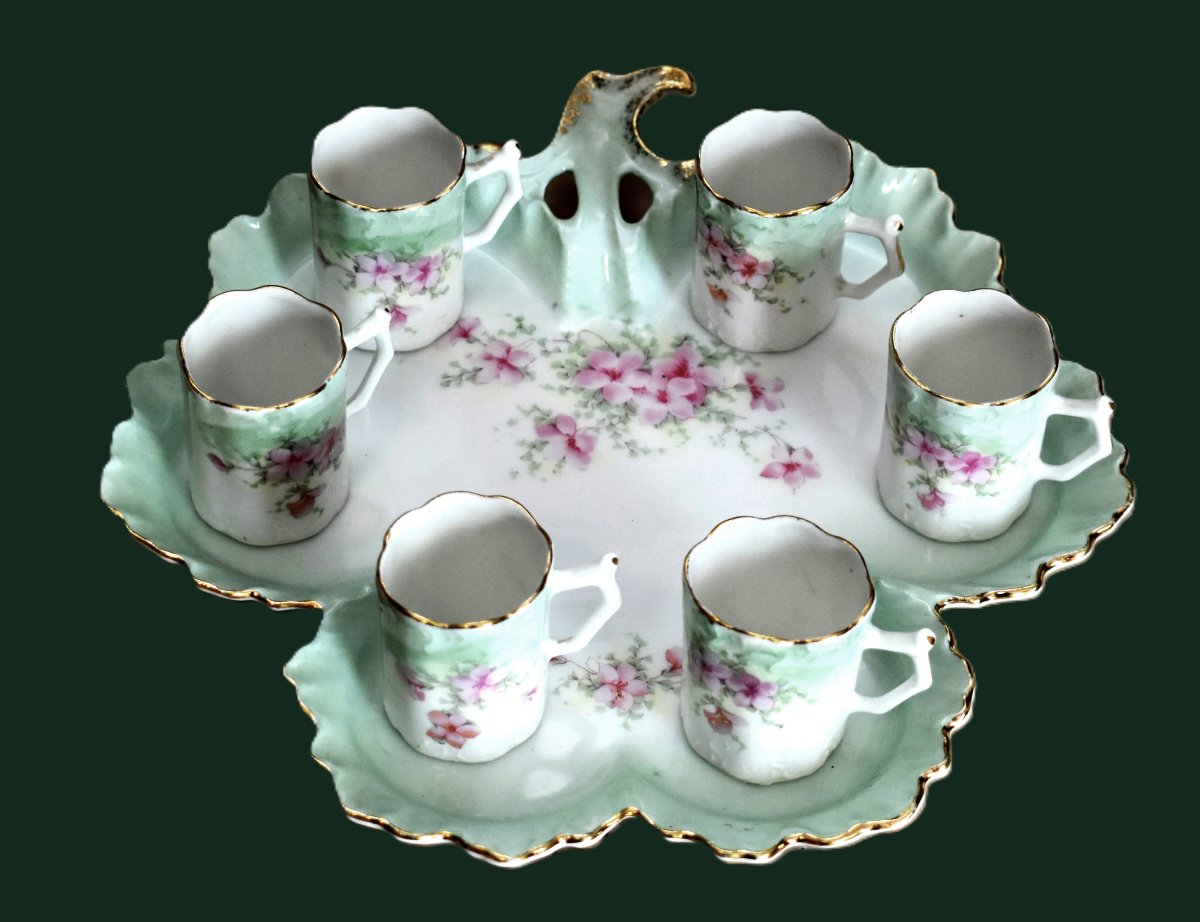 Limoges Porcelain Liqueur Set With Floral Design, Including 6 Glasses, 1 Decanter, And 1 Tray-photo-4