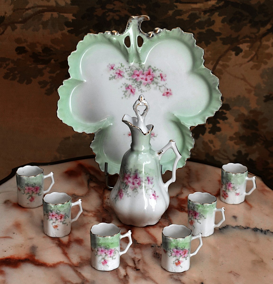 Limoges Porcelain Liqueur Set With Floral Design, Including 6 Glasses, 1 Decanter, And 1 Tray-photo-6