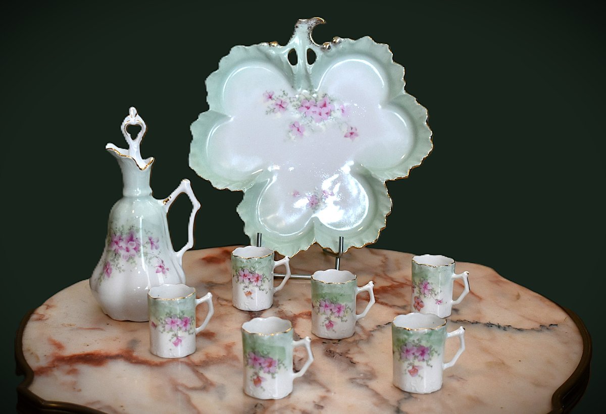 Limoges Porcelain Liqueur Set With Floral Design, Including 6 Glasses, 1 Decanter, And 1 Tray