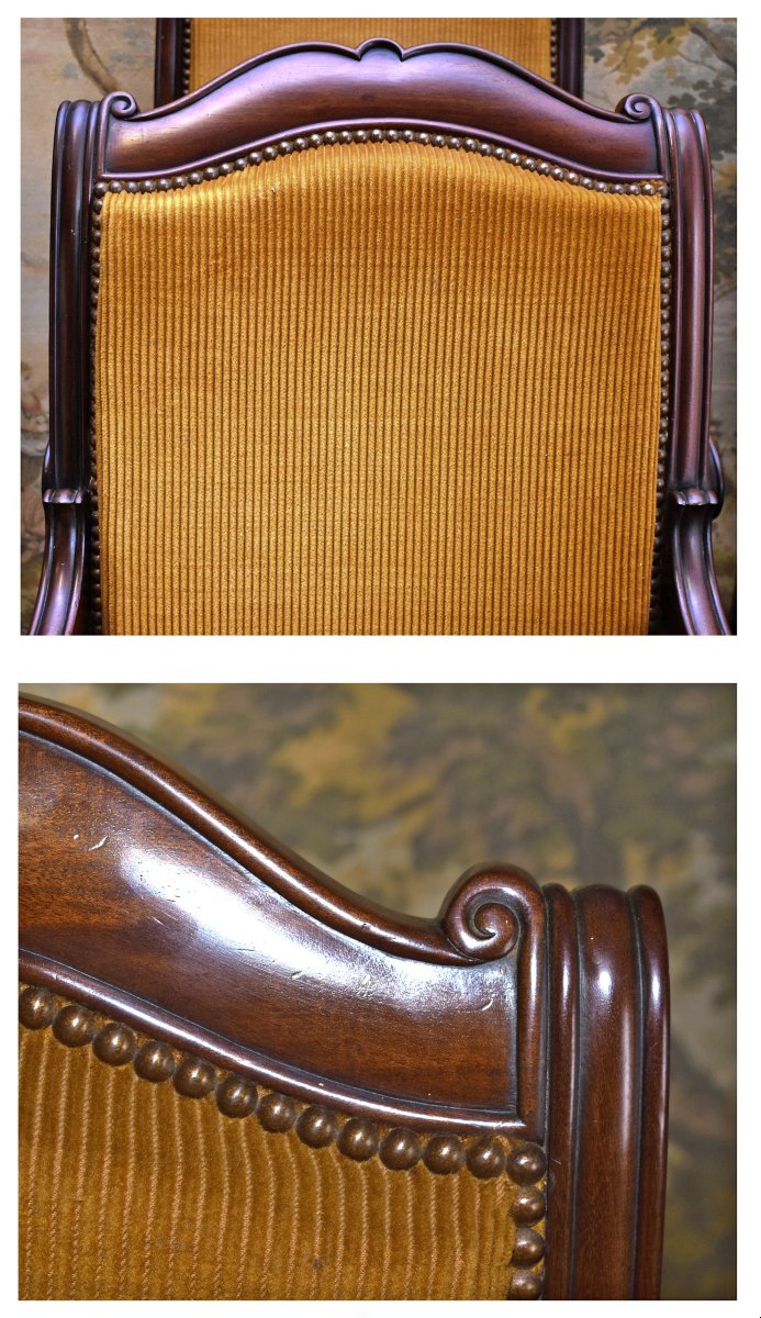 Paire de fauteuils en acajou et placage d'acajou , époque Restauration , XIXème , tissu velour-photo-3