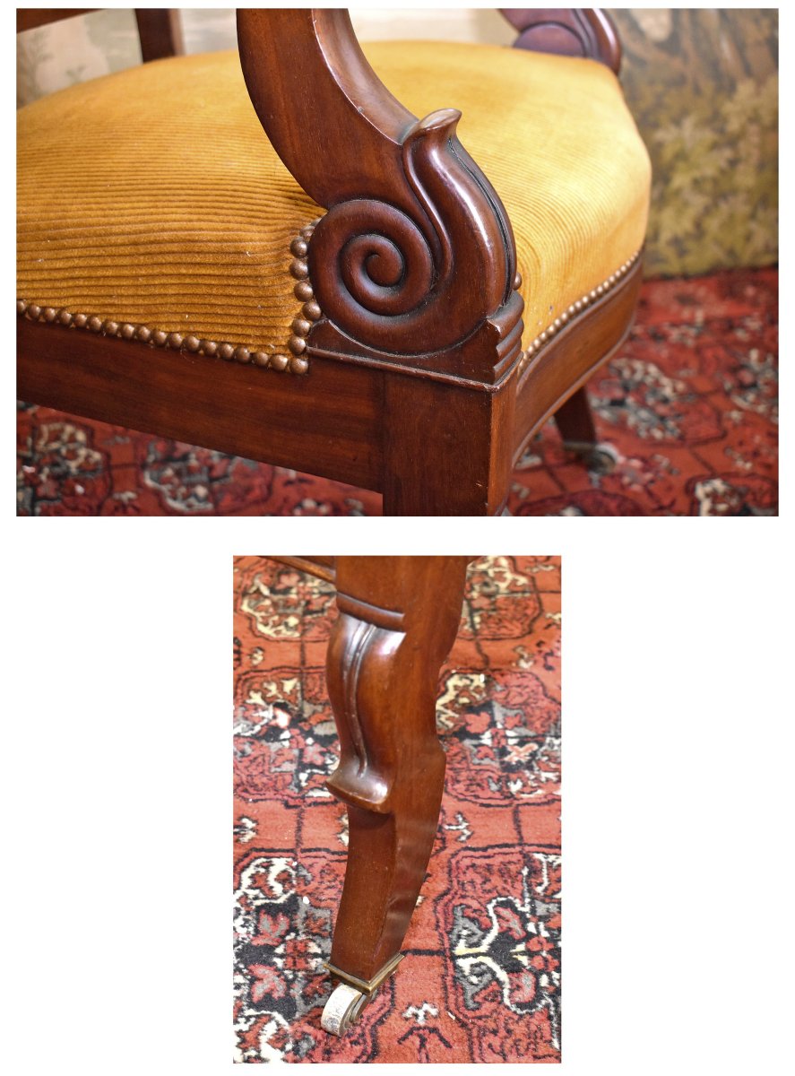 Paire de fauteuils en acajou et placage d'acajou , époque Restauration , XIXème , tissu velour-photo-7