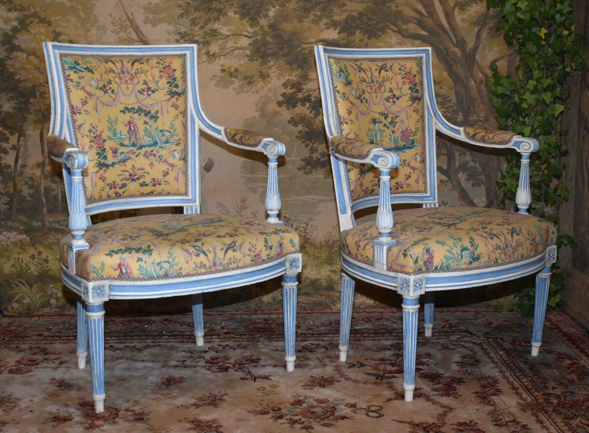Suite de 4 Fauteuils Cabriolet, Style Louis XVI - directoire, Laqué Crème, Rechampi Bleu , XIXe-photo-3