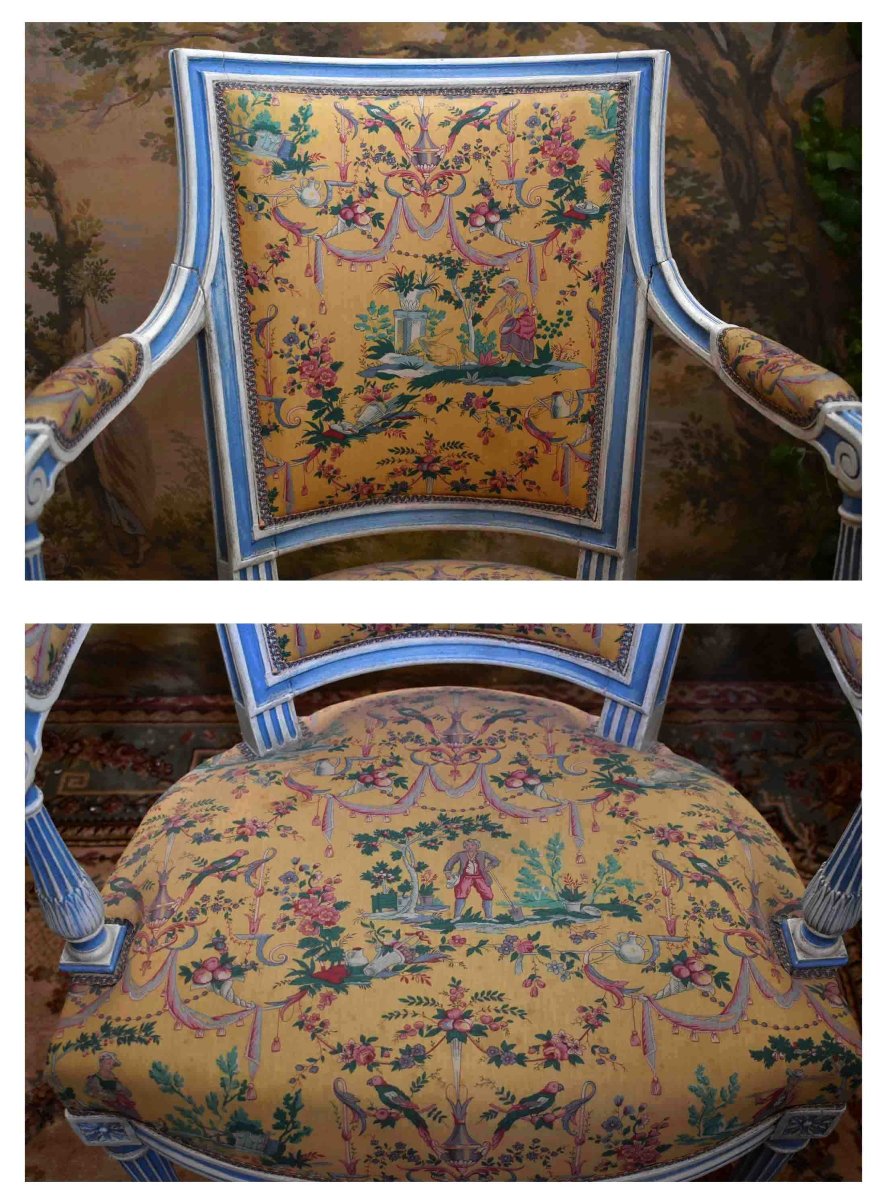 Suite de 4 Fauteuils Cabriolet, Style Louis XVI - directoire, Laqué Crème, Rechampi Bleu , XIXe-photo-3