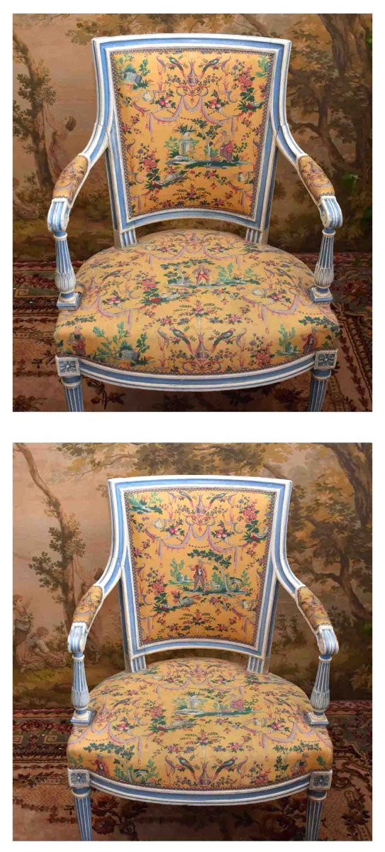 Suite de 4 Fauteuils Cabriolet, Style Louis XVI - directoire, Laqué Crème, Rechampi Bleu , XIXe-photo-4