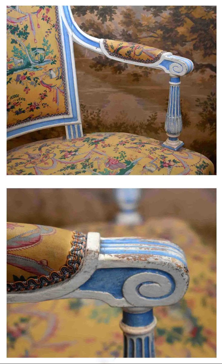 Suite de 4 Fauteuils Cabriolet, Style Louis XVI - directoire, Laqué Crème, Rechampi Bleu , XIXe-photo-6