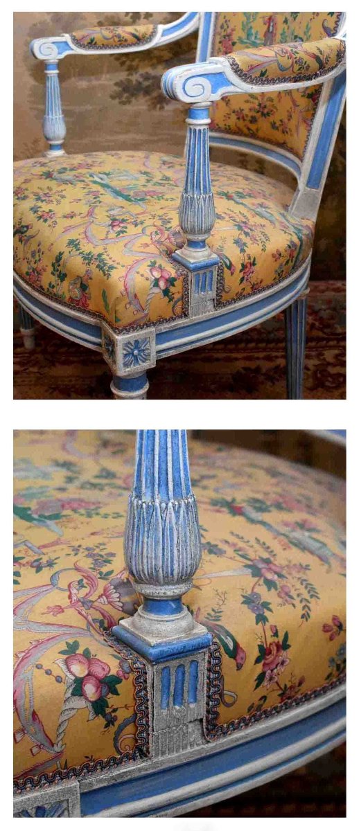 Suite de 4 Fauteuils Cabriolet, Style Louis XVI - directoire, Laqué Crème, Rechampi Bleu , XIXe-photo-7