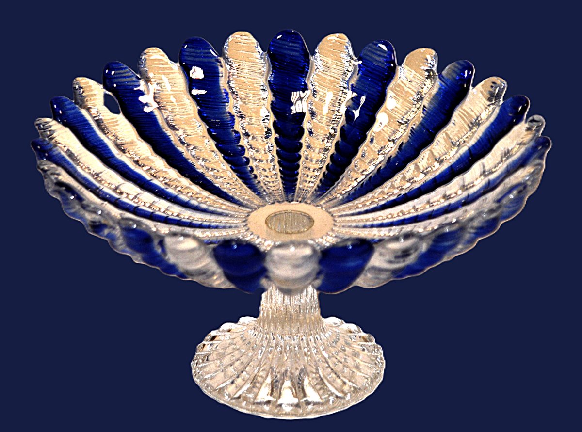 Grande coupe  en cristal  de couleur blanc et bleu Sur Pied Douche , centre de table bicolore-photo-3