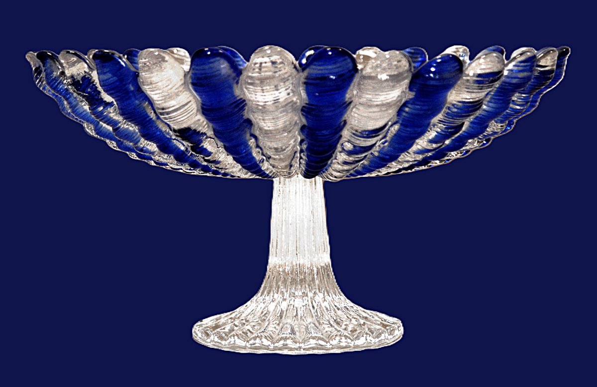 Grande coupe  en cristal  de couleur blanc et bleu Sur Pied Douche , centre de table bicolore-photo-4
