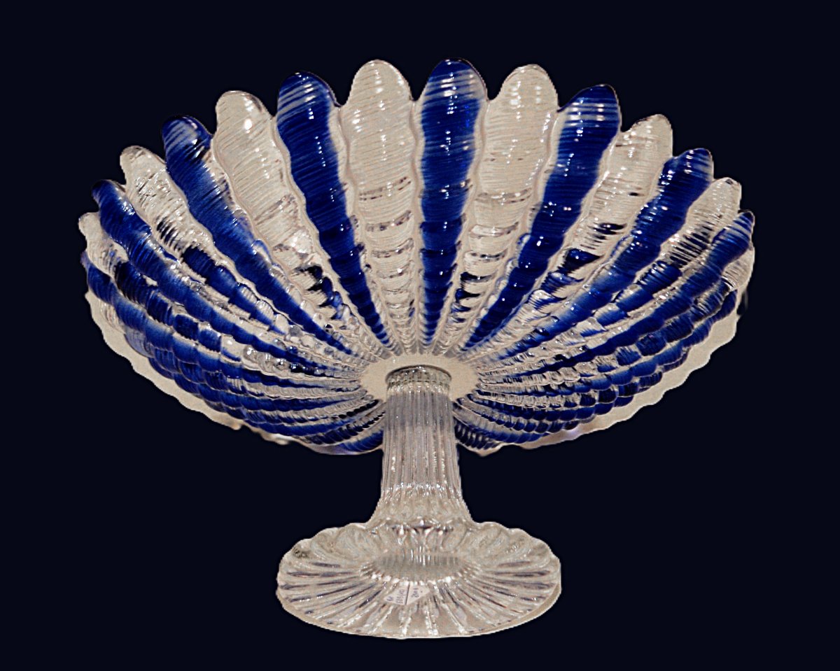 Grande coupe  en cristal  de couleur blanc et bleu Sur Pied Douche , centre de table bicolore-photo-1