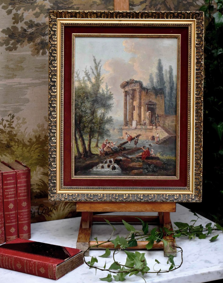 Paysage De Ruine Animé , Décor à l'Antique. fin XIXe , dans le goût d'Hubert Robert -photo-2