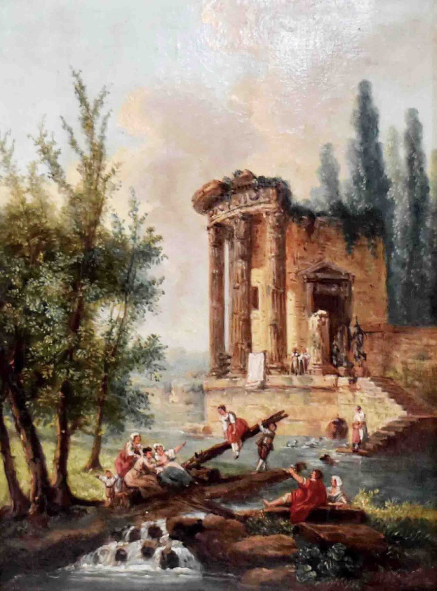 Paysage De Ruine Animé , Décor à l'Antique. fin XIXe , dans le goût d'Hubert Robert -photo-3