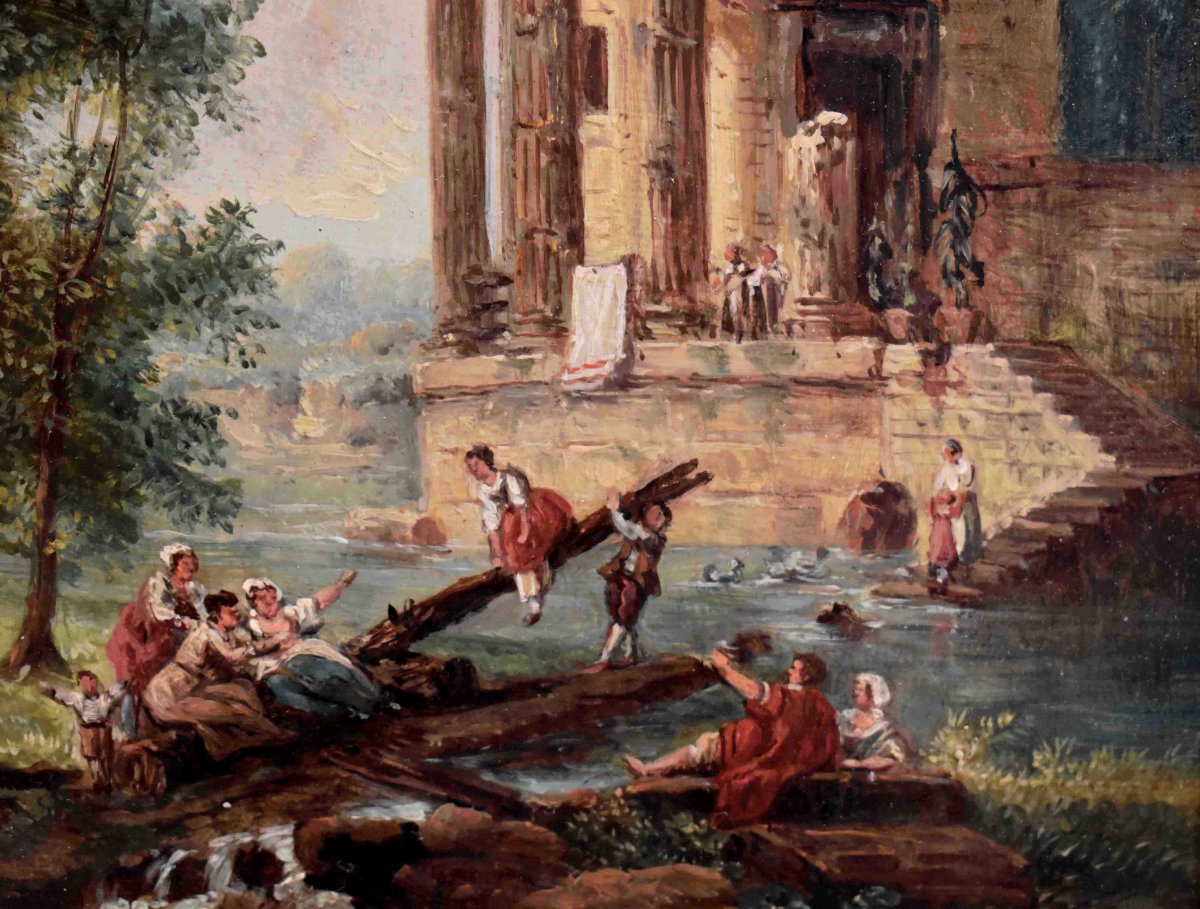 Paysage De Ruine Animé , Décor à l'Antique. fin XIXe , dans le goût d'Hubert Robert -photo-4