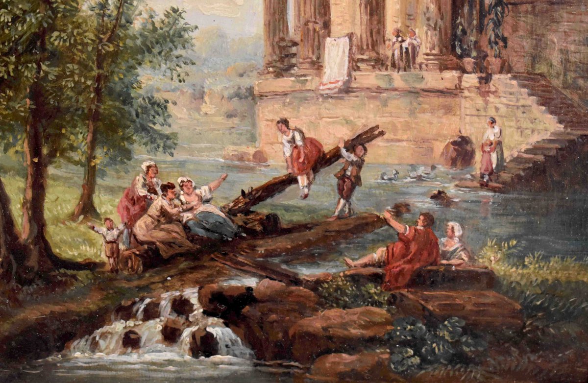 Paysage De Ruine Animé , Décor à l'Antique. fin XIXe , dans le goût d'Hubert Robert -photo-1