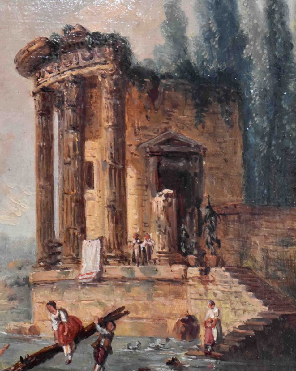 Paysage De Ruine Animé , Décor à l'Antique. fin XIXe , dans le goût d'Hubert Robert -photo-2