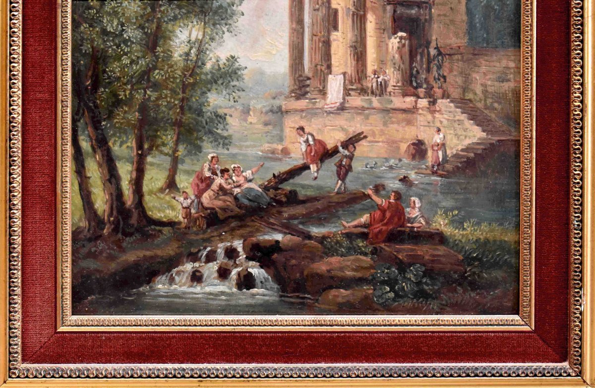 Paysage De Ruine Animé , Décor à l'Antique. fin XIXe , dans le goût d'Hubert Robert -photo-3