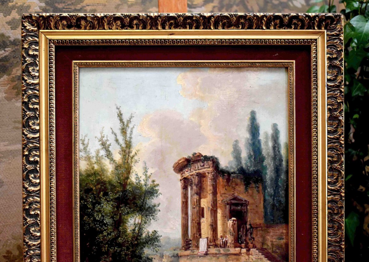 Paysage De Ruine Animé , Décor à l'Antique. fin XIXe , dans le goût d'Hubert Robert -photo-4