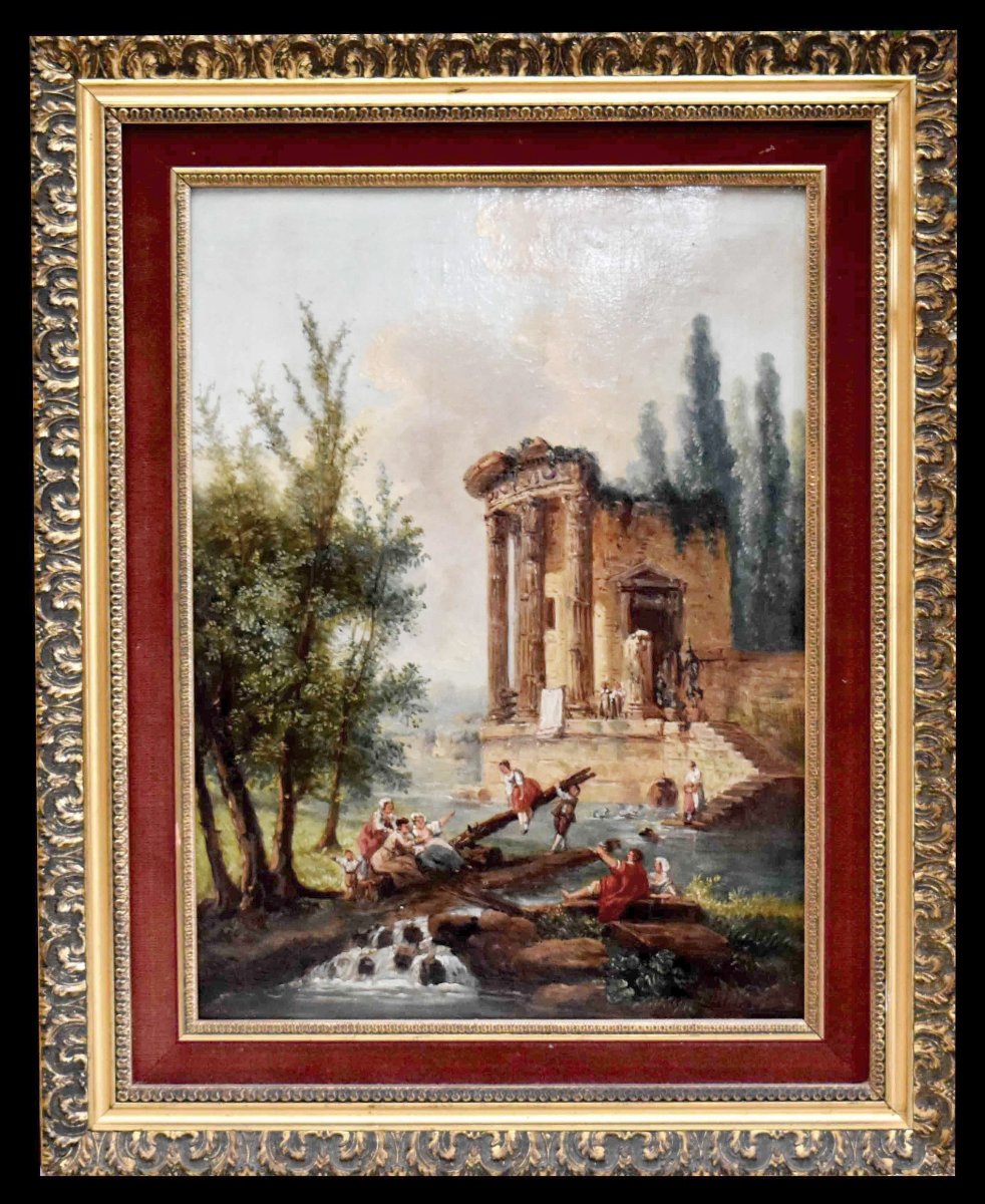Paysage De Ruine Animé , Décor à l'Antique. fin XIXe , dans le goût d'Hubert Robert 