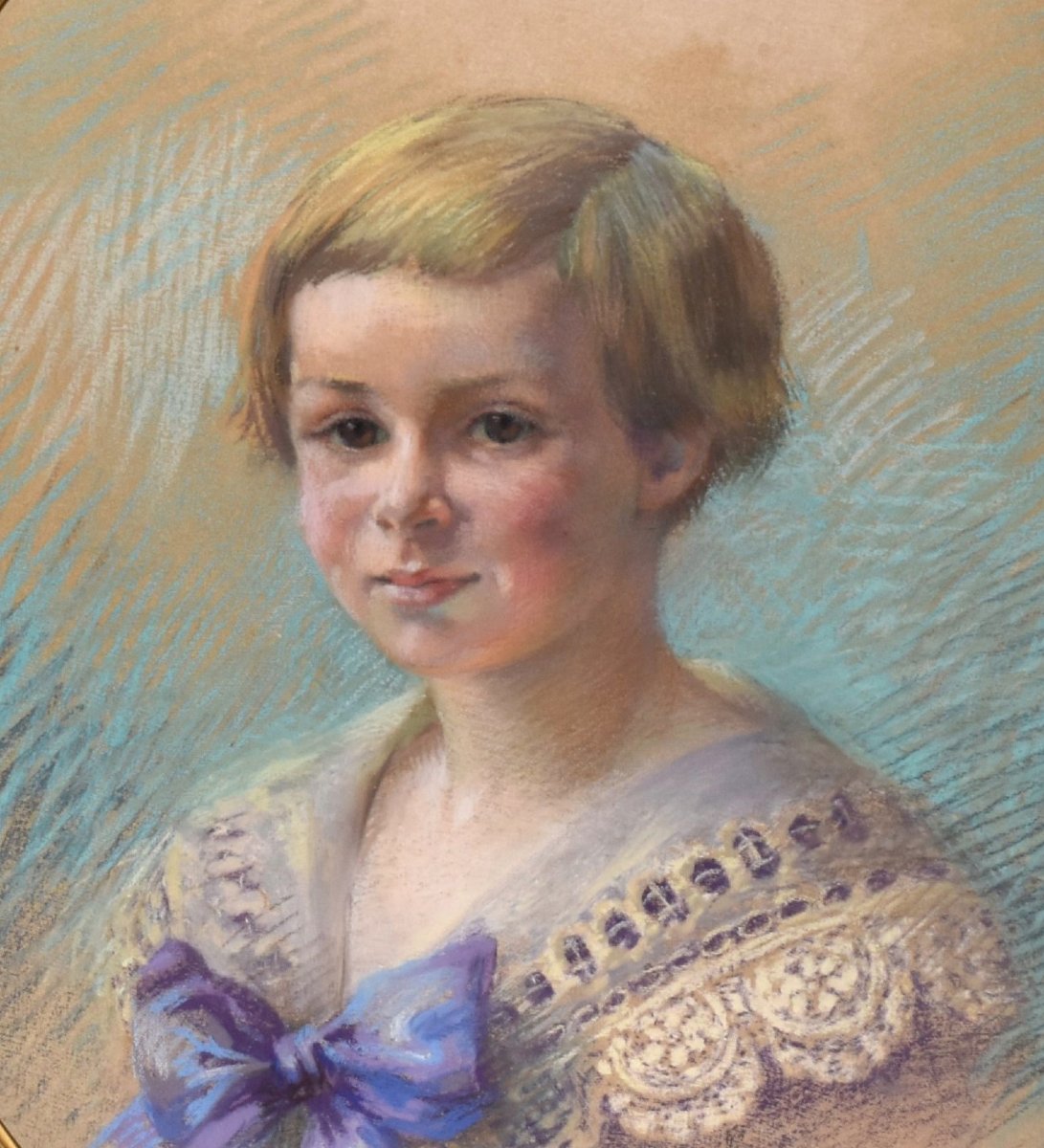 Jeanne Dangon 1873–1949. Pastel, Portrait Of A Young Child, Oval Gilded Frame With A Louis XVI Bow  -photo-3