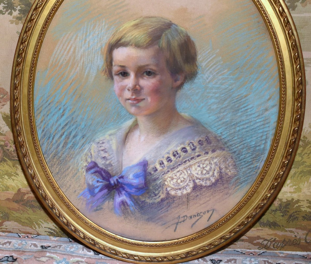 Jeanne Dangon 1873–1949. Pastel, Portrait Of A Young Child, Oval Gilded Frame With A Louis XVI Bow  -photo-3