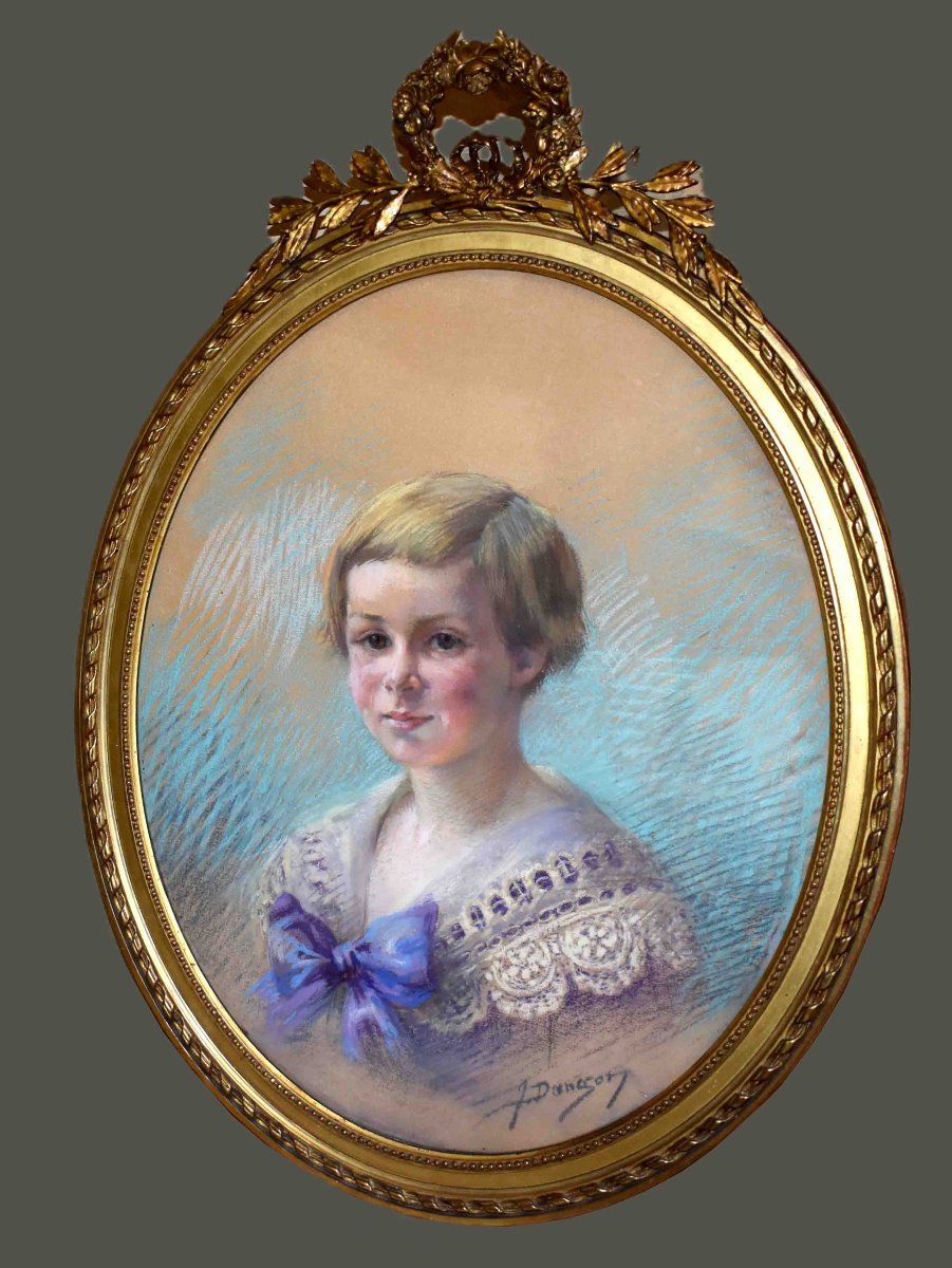 Jeanne Dangon 1873–1949. Pastel, Portrait Of A Young Child, Oval Gilded Frame With A Louis XVI Bow  