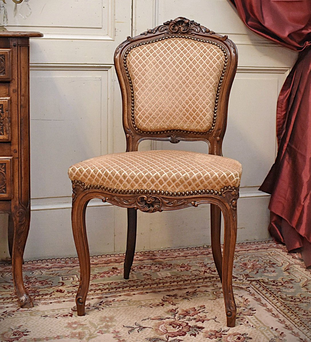 Chaise de  Style Louis XV  rocaille en Noyer , Tissu Velours . siège de salon ou chambre XIXe-photo-2
