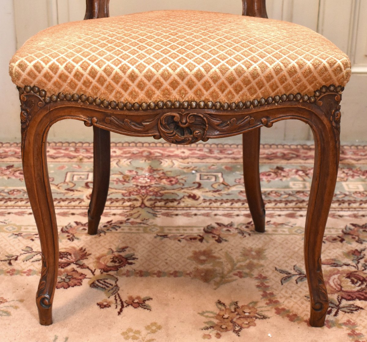 Chaise de  Style Louis XV  rocaille en Noyer , Tissu Velours . siège de salon ou chambre XIXe-photo-3