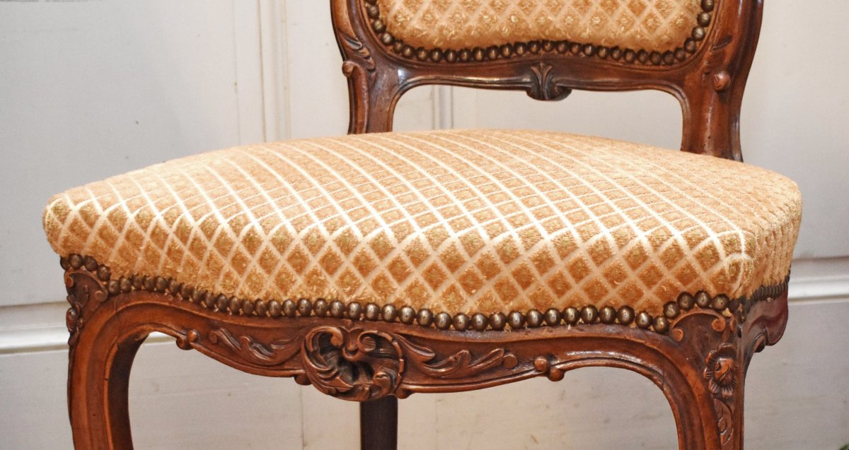 Chaise de  Style Louis XV  rocaille en Noyer , Tissu Velours . siège de salon ou chambre XIXe-photo-4