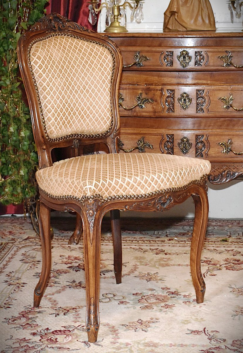 Chaise de  Style Louis XV  rocaille en Noyer , Tissu Velours . siège de salon ou chambre XIXe