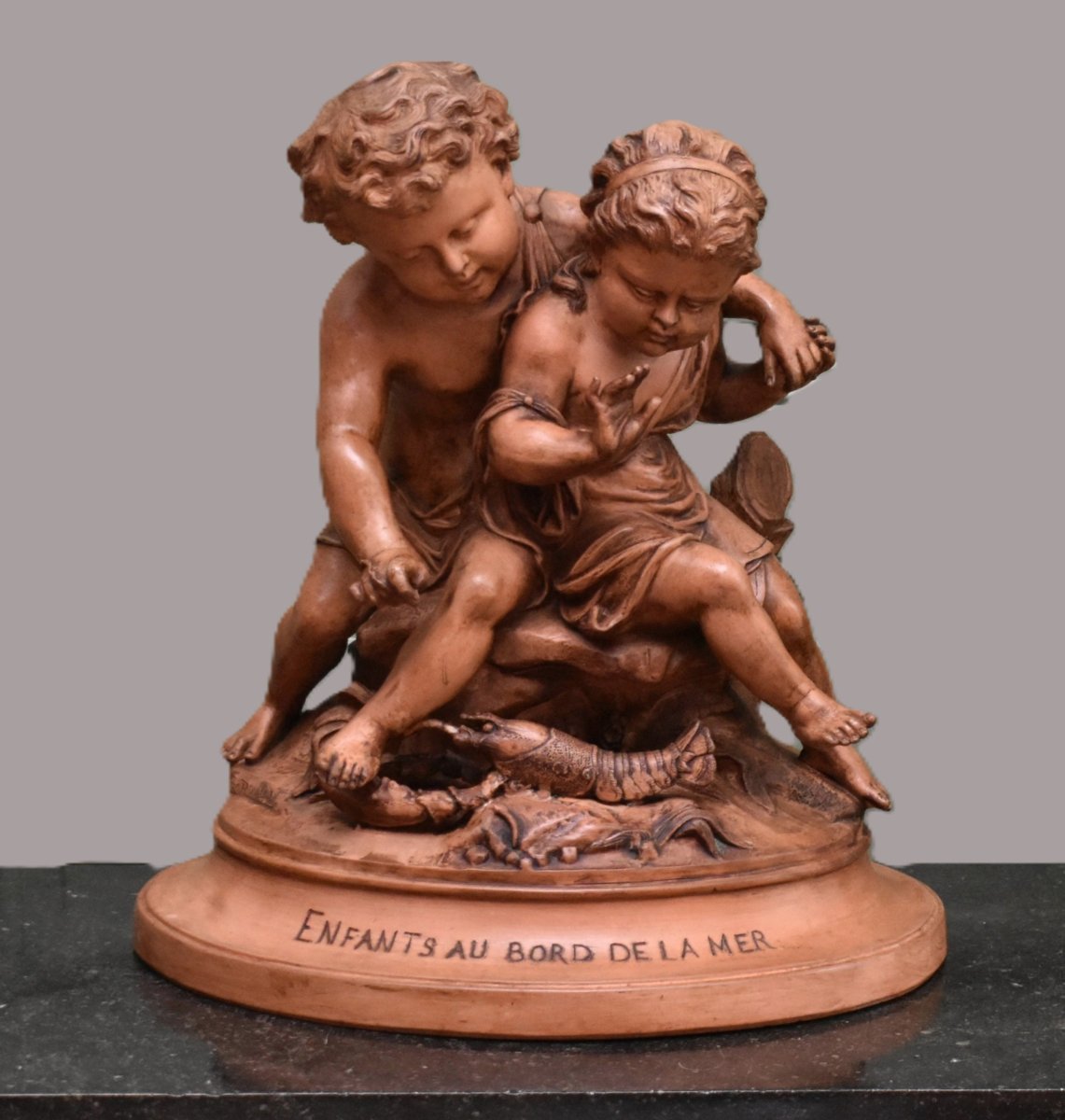 Gustave Trouillard, Major Terracotta Group Sculpture, *children By The Sea*.-photo-2