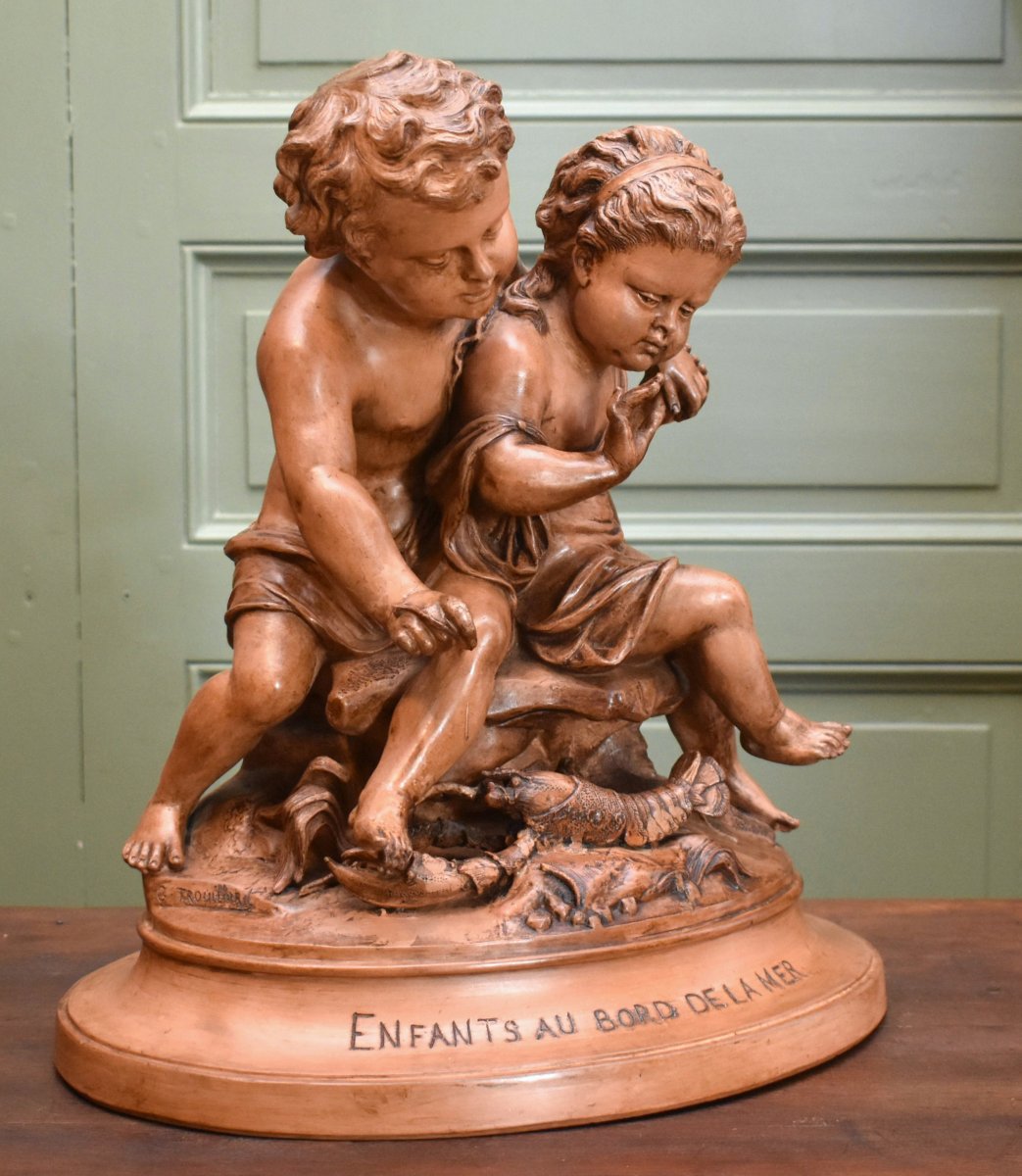 Gustave Trouillard, Major Terracotta Group Sculpture, *children By The Sea*.-photo-1