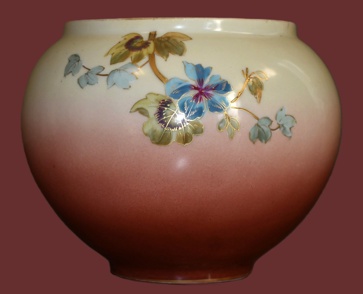 Leon Sazerat, Planters, Limoges Porcelain Ball-shaped Vase With Floral Decor And Gold Leaf -photo-3