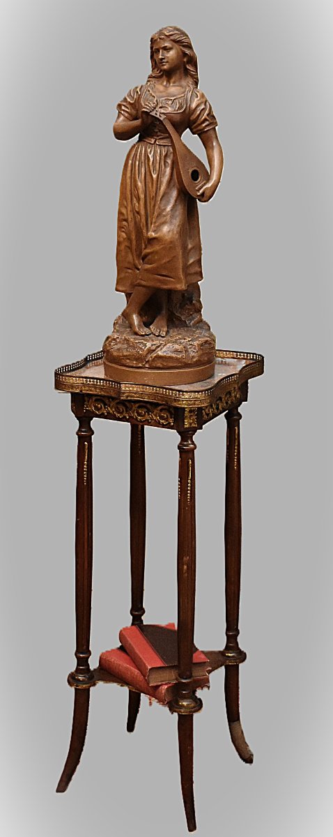 Joseph Le Guluche (1849–1915). Terracotta Statue, Sculpture Titled *young Woman With A Mandolin*.-photo-2