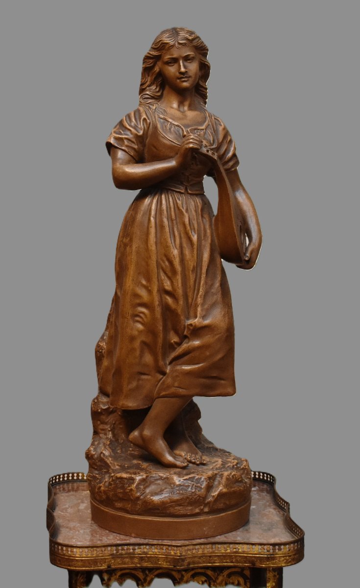 Joseph Le Guluche (1849–1915). Terracotta Statue, Sculpture Titled *young Woman With A Mandolin*.-photo-3