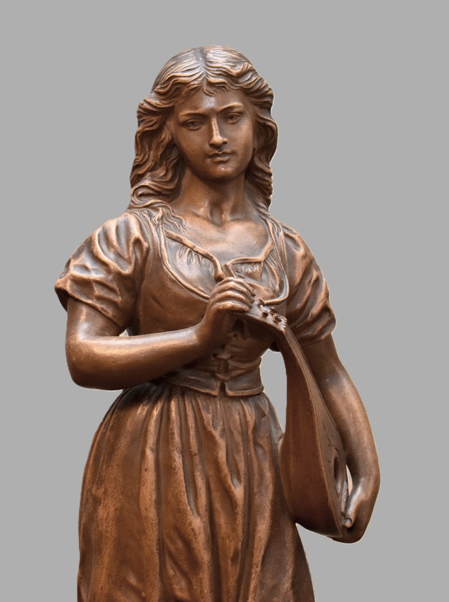 Joseph Le Guluche (1849–1915). Terracotta Statue, Sculpture Titled *young Woman With A Mandolin*.-photo-1